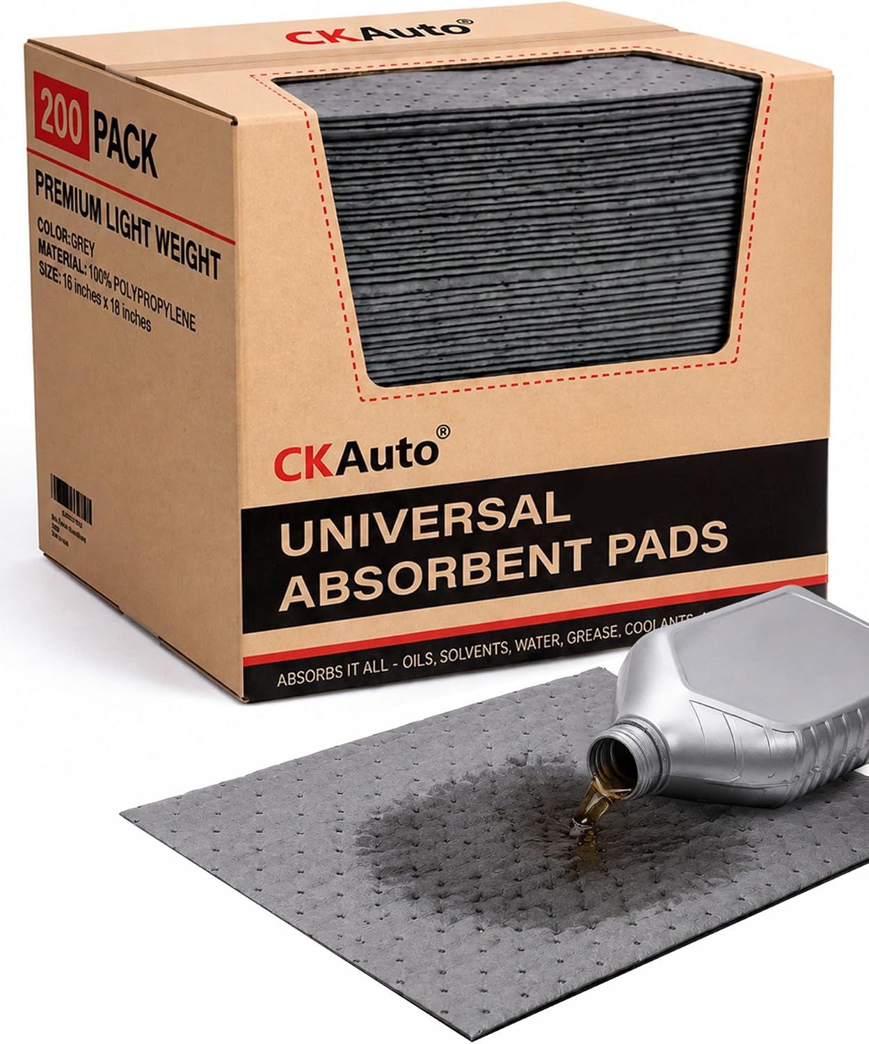 CKAuto Oil Absorbent Pads 200 Pcs, 18” x 16”, 10-Layer Polypropylene Pads with Dimpled Surface for Oil, Coolant, Water & Shop Fluids, Garage & Industrial Use