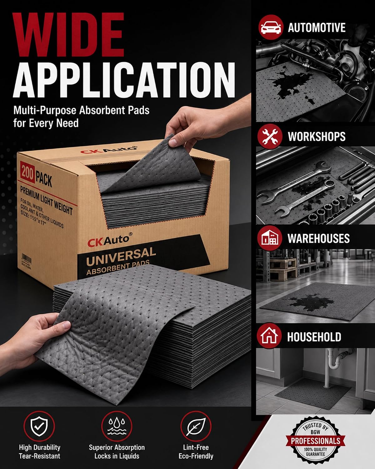 CKAuto Oil Absorbent Pads 200 Pcs, 18” x 16”, 10-Layer Polypropylene Pads with Dimpled Surface for Oil, Coolant, Water & Shop Fluids, Garage & Industrial Use