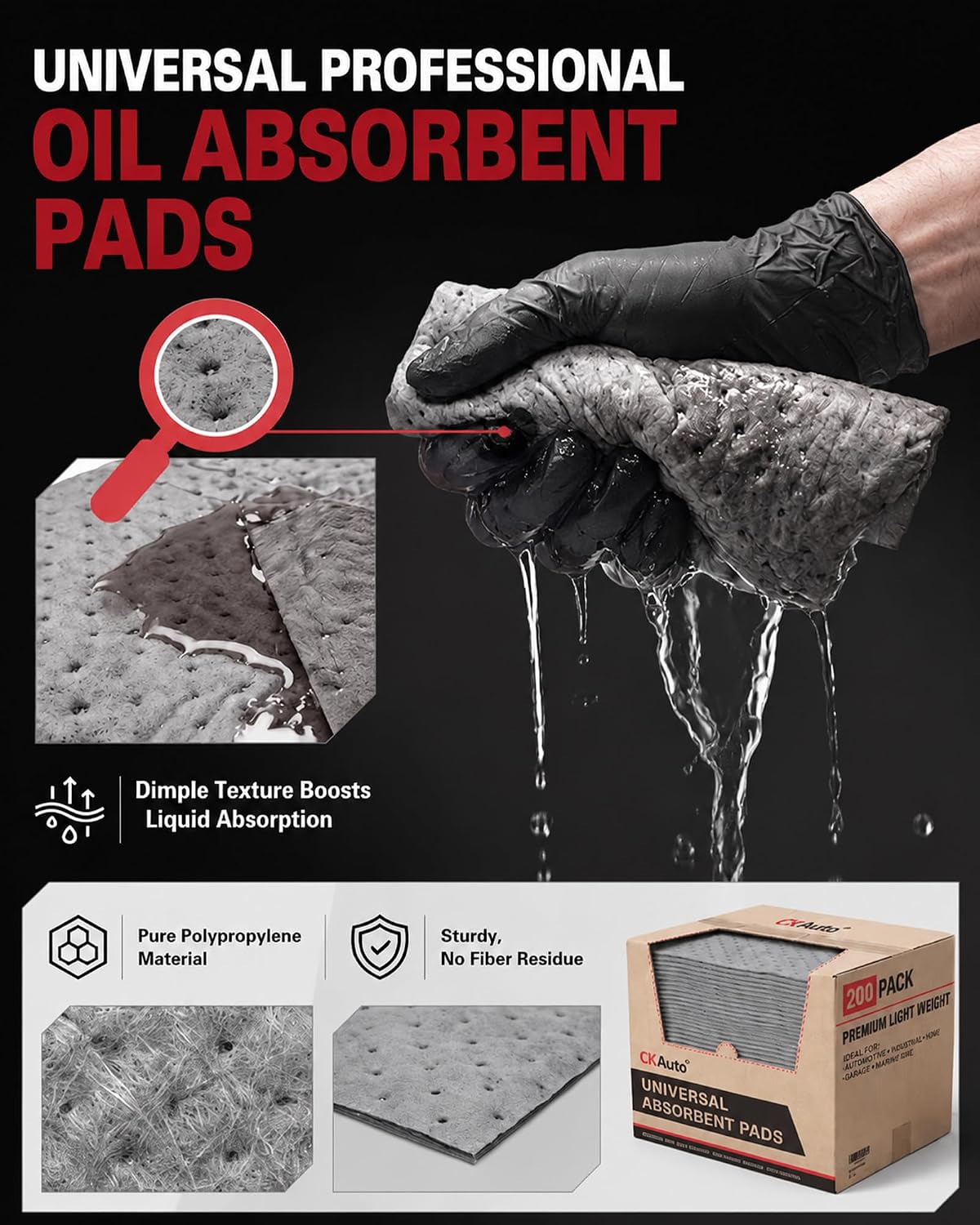 CKAuto Oil Absorbent Pads 200 Pcs, 18” x 16”, 10-Layer Polypropylene Pads with Dimpled Surface for Oil, Coolant, Water & Shop Fluids, Garage & Industrial Use