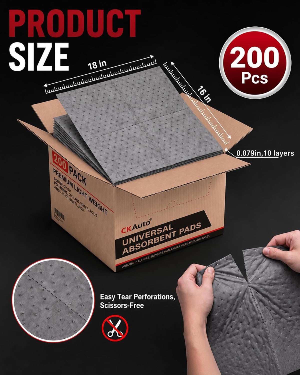 CKAuto Oil Absorbent Pads 200 Pcs, 18” x 16”, 10-Layer Polypropylene Pads with Dimpled Surface for Oil, Coolant, Water & Shop Fluids, Garage & Industrial Use
