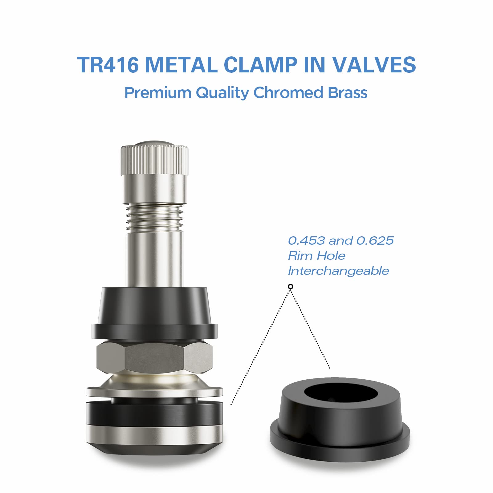 CKAuto TR416 Metal Valve Stems Outer Mount Fits .453" & .625" Rim Holes Long 1 1/2", Silver