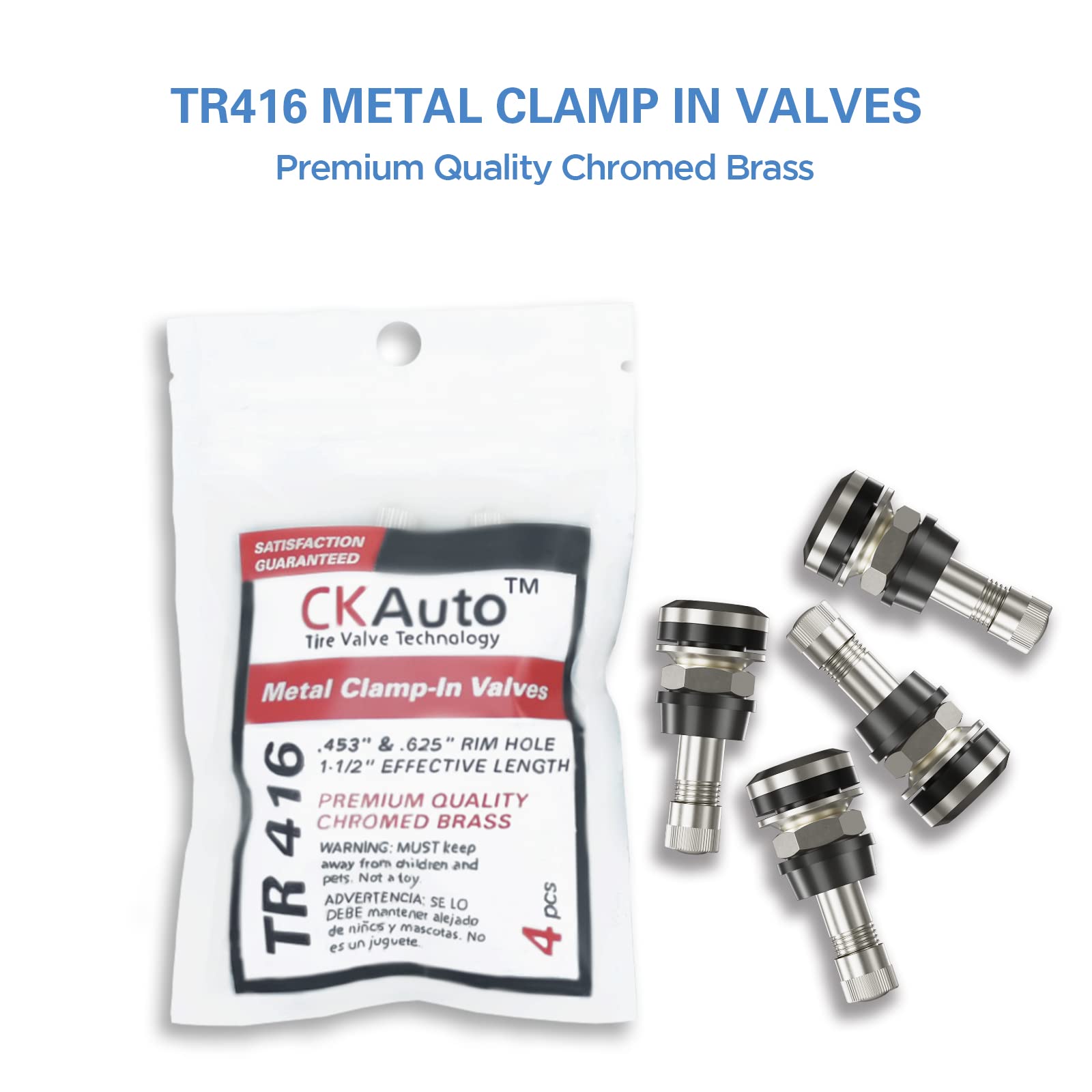 CKAuto TR416 Metal Valve Stems Outer Mount Fits .453" & .625" Rim Holes Long 1 1/2", Silver