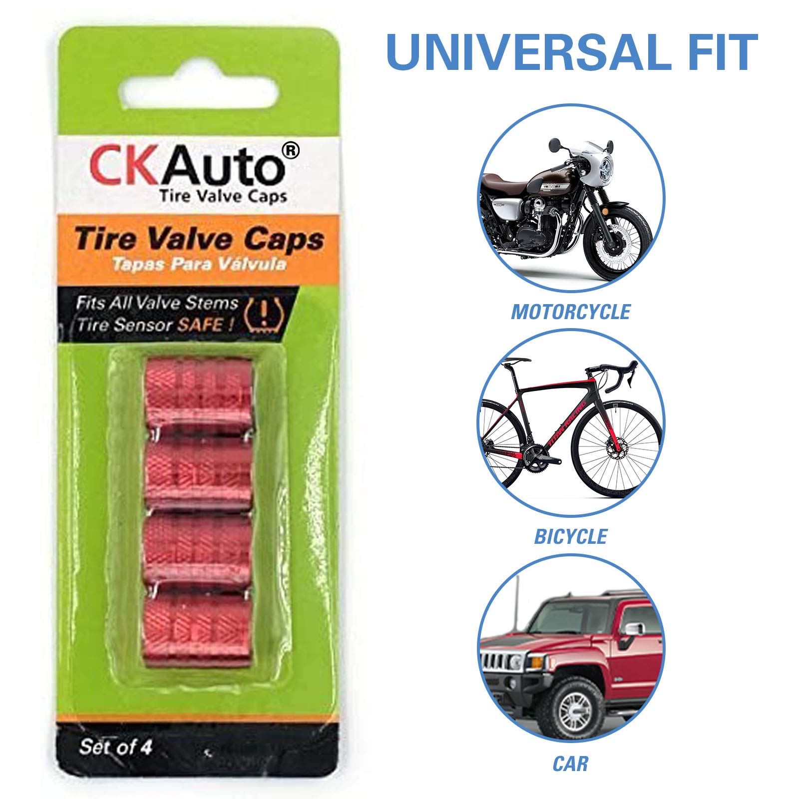 CKAuto Tire Valve Stem Caps, 4 pcs/Pack, Anodized Aluminum Tire Valve Cap Set, Corrosion Resistant, Universal Stem Covers for Cars Trucks Motorcycles SUVs and Bikes