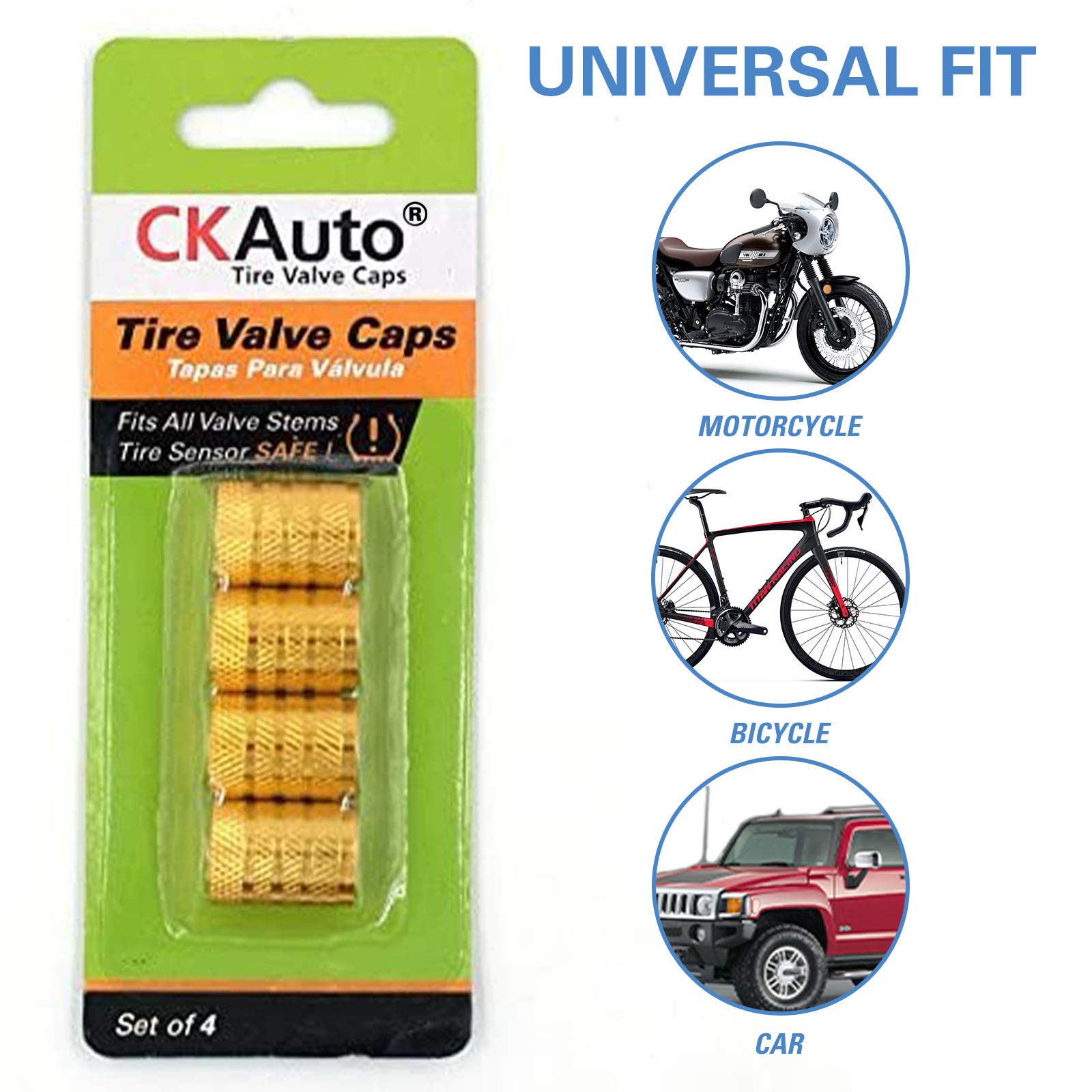 CKAuto Tire Valve Stem Caps, 4 pcs/Pack, Anodized Aluminum Tire Valve Cap Set, Corrosion Resistant, Universal Stem Covers for Cars Trucks Motorcycles SUVs and Bikes