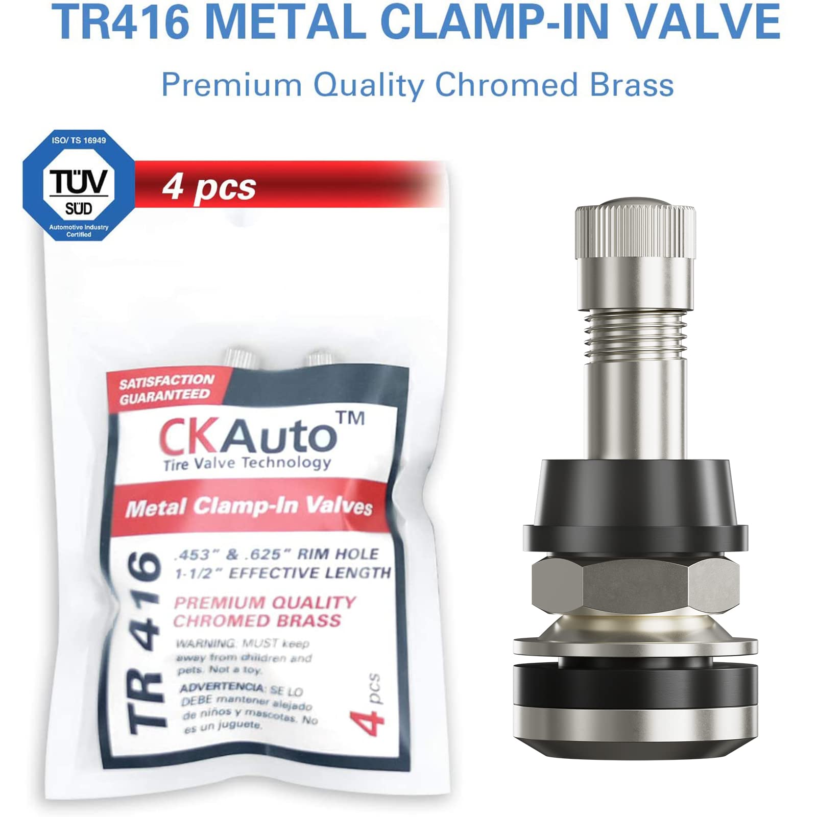 CKAuto TR416 Metal Valve Stems Outer Mount Fits .453" & .625" Rim Holes Long 1 1/2", Silver
