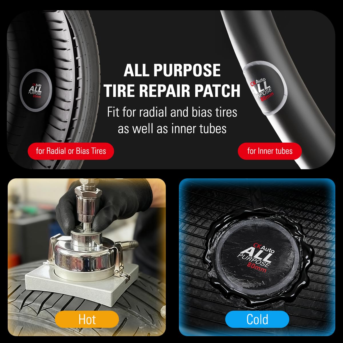 CKAuto Combination All Purpose Tire Repair Patch Kit Heavy Duty, Tire Plug Repair Kit Flat for Car Van Truck Bus Motorcycle and Inner Tire, Round