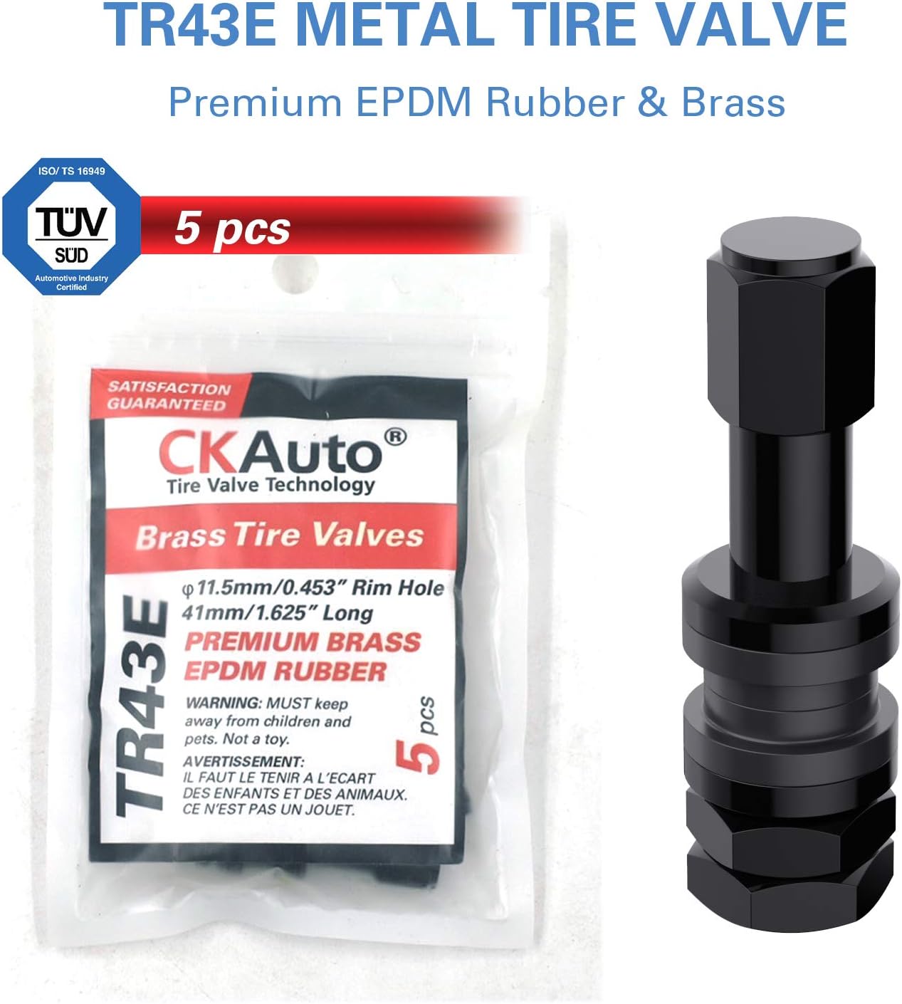 CKAuto 5 Pcs VS43/TR43E Tubeless Metal Clamp-in Valve Stems, Black Finish