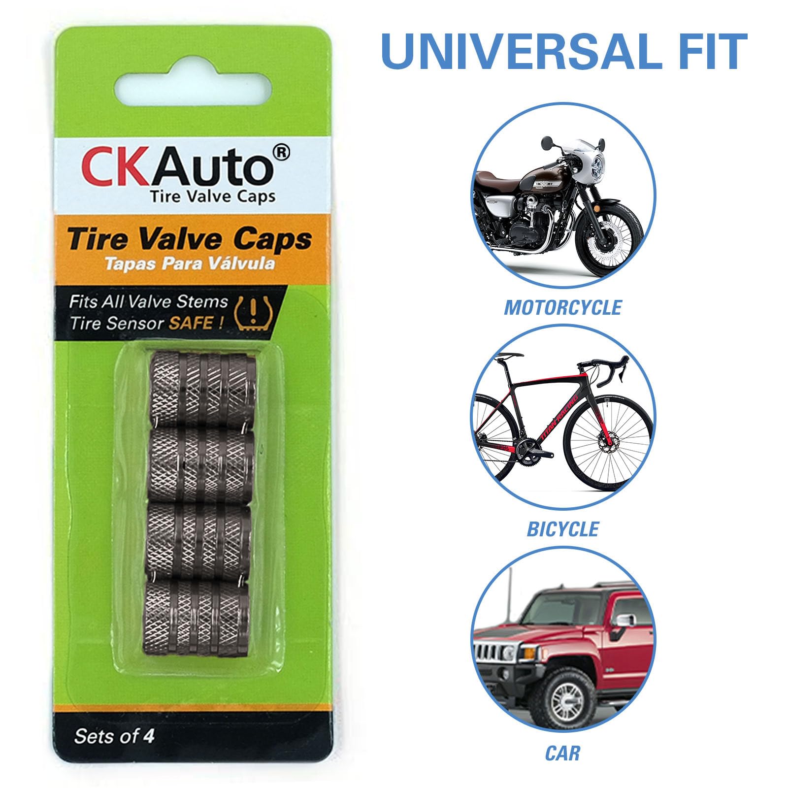 CKAuto Tire Valve Stem Caps, 4 pcs/Pack, Anodized Aluminum Tire Valve Cap Set, Corrosion Resistant, Universal Stem Covers for Cars Trucks Motorcycles SUVs and Bikes
