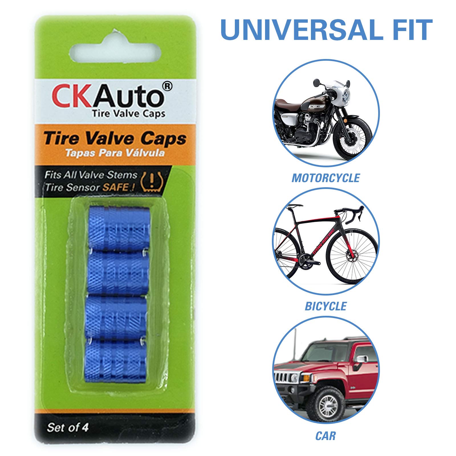 CKAuto Tire Valve Stem Caps, 4 pcs/Pack, Anodized Aluminum Tire Valve Cap Set, Corrosion Resistant, Universal Stem Covers for Cars Trucks Motorcycles SUVs and Bikes