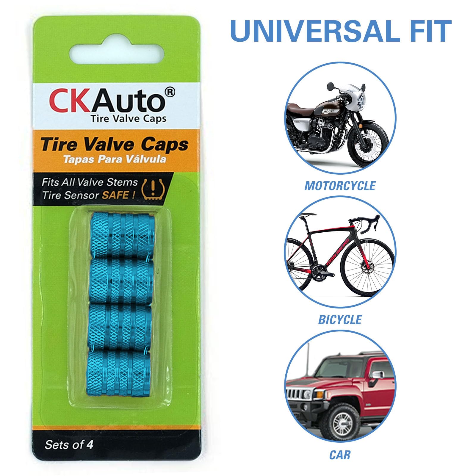 CKAuto Tire Valve Stem Caps, 4 pcs/Pack, Anodized Aluminum Tire Valve Cap Set, Corrosion Resistant, Universal Stem Covers for Cars Trucks Motorcycles SUVs and Bikes