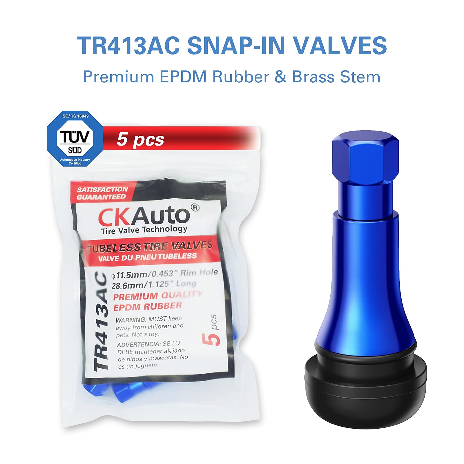CKAuto TR413AC Chrome Rubber Snap-in Tire Valve Stems (5 Pack)