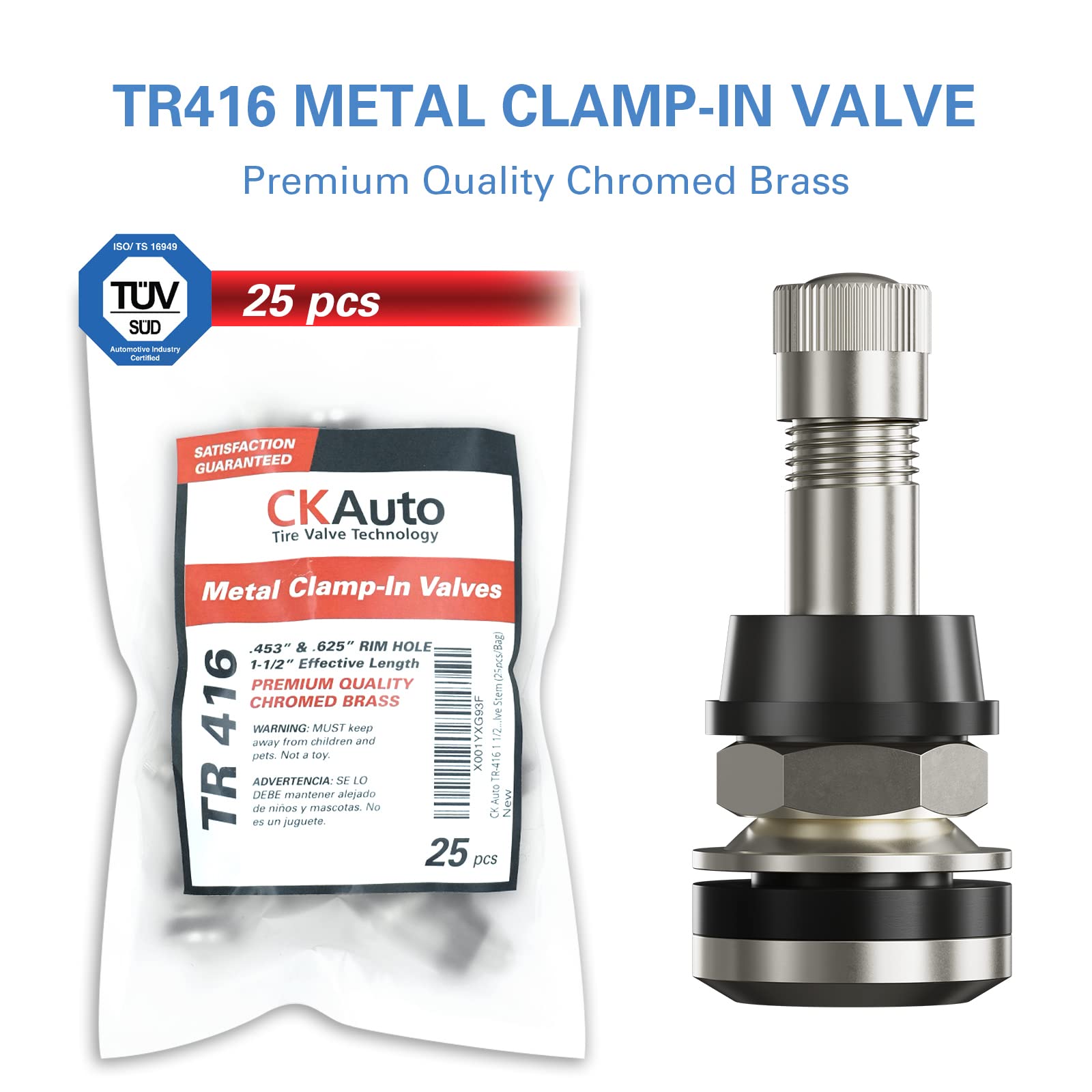 CKAuto TR416 Metal Valve Stems Outer Mount Fits .453" & .625" Rim Holes Long 1 1/2", Silver