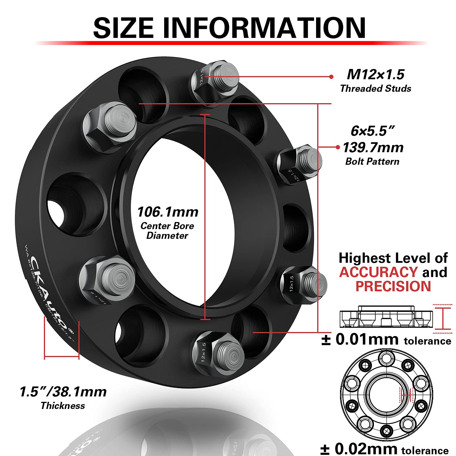 CKAuto 6x5.5 Hub Centric Wheel Spacers,  6x139.7mm Wheel Spacers, 106.1mm Center Bore with M12x1.5 Studs