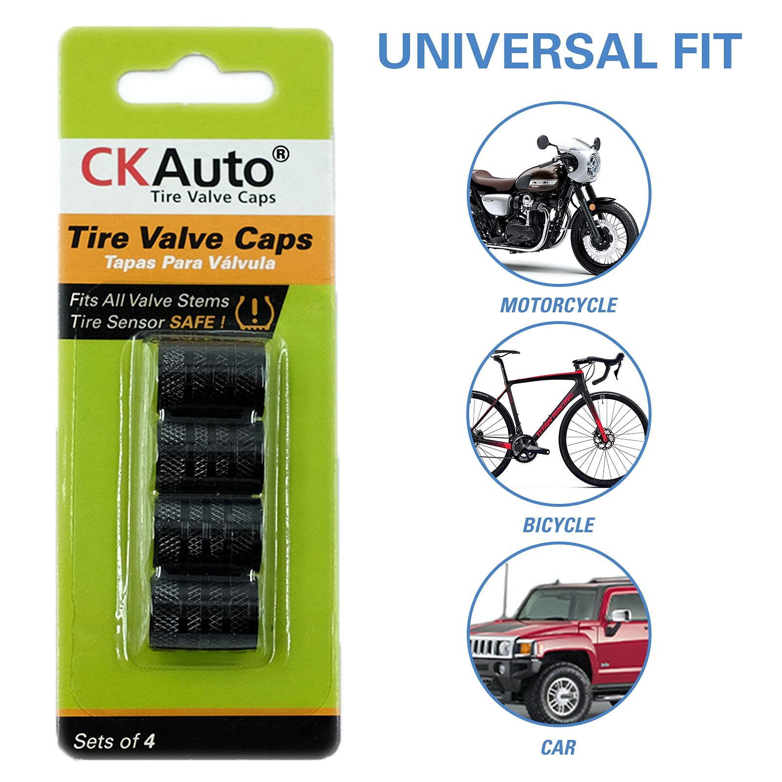CKAuto Tire Valve Stem Caps, 4 pcs/Pack, Anodized Aluminum Tire Valve Cap Set, Corrosion Resistant, Universal Stem Covers for Cars Trucks Motorcycles SUVs and Bikes