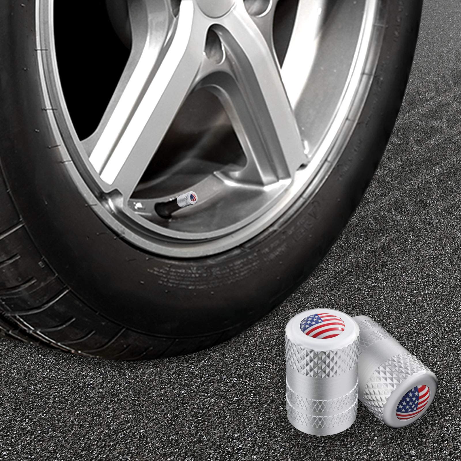 CKAuto American Flag Valve Stem Caps, Aluminum USA Tire Valve Caps, Universal Dust Proof Stem Covers for Cars, Trucks, Bikes, Motorcycles, Bicycles, Corrosion Resistant
